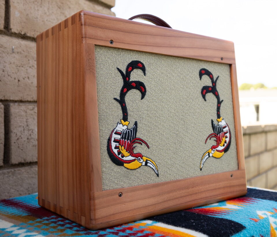 California redwood amp cabinet with hand-embroidered toucans on the grill cloth