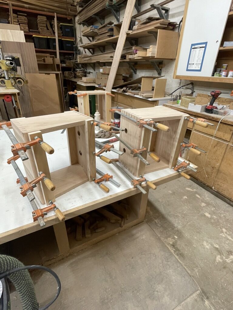 Cabinets clamped up on the workbench in the WestBound shop