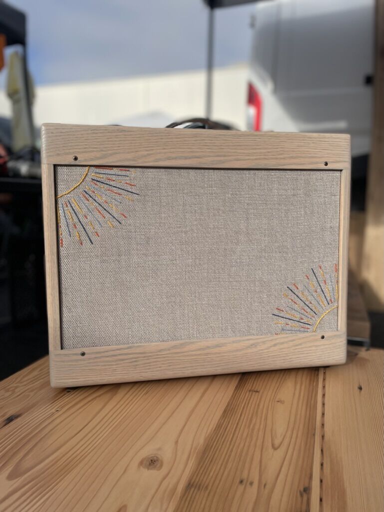 Tweed Deluxe combo cabinet in white oak with stitched sunburst corners