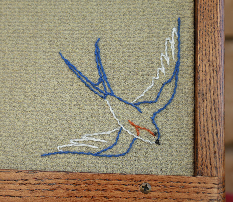 Close-up of a blue embroidered swallow